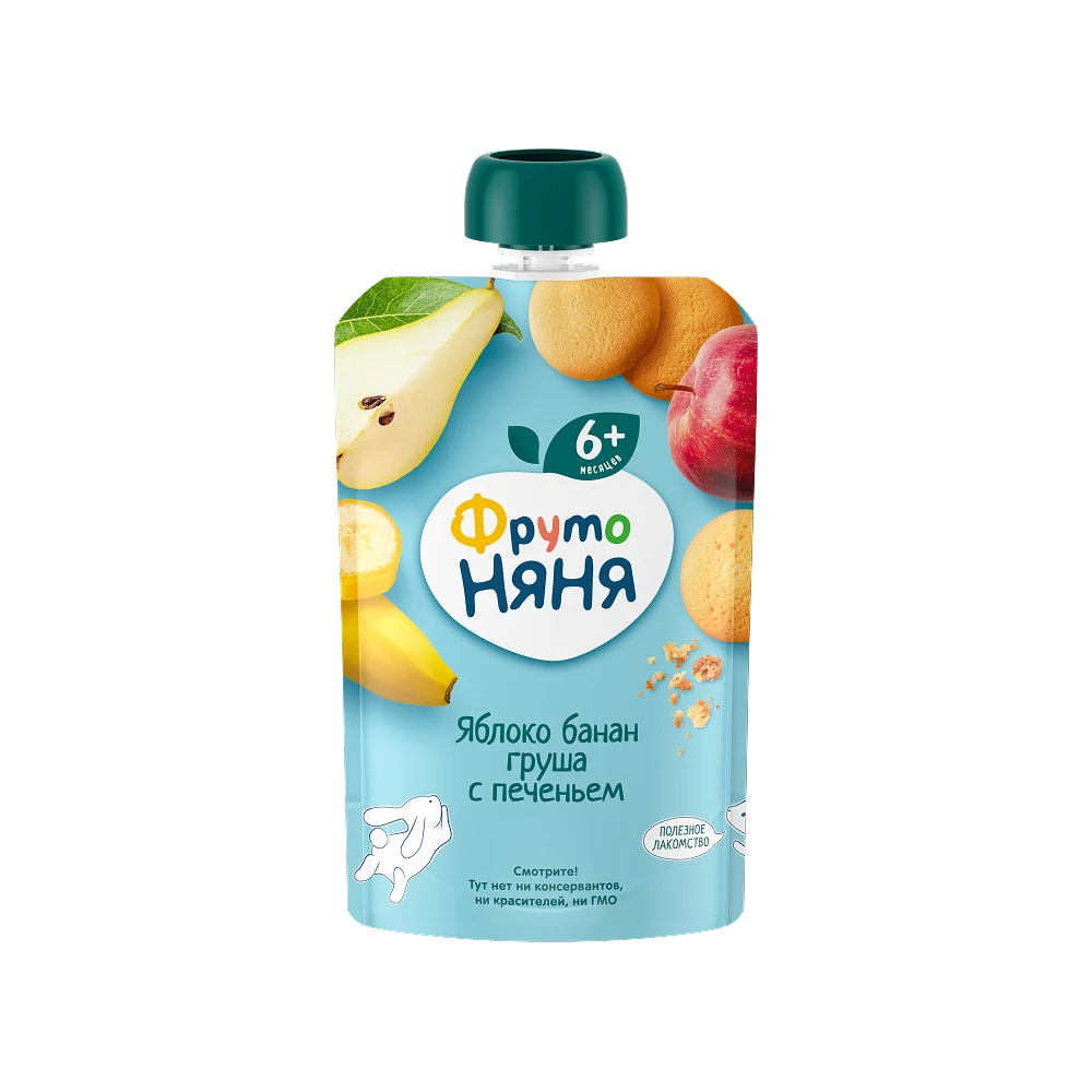"FrutoNyanya" olma, banan va nokdan tayyorlangan pechenyeli pyure