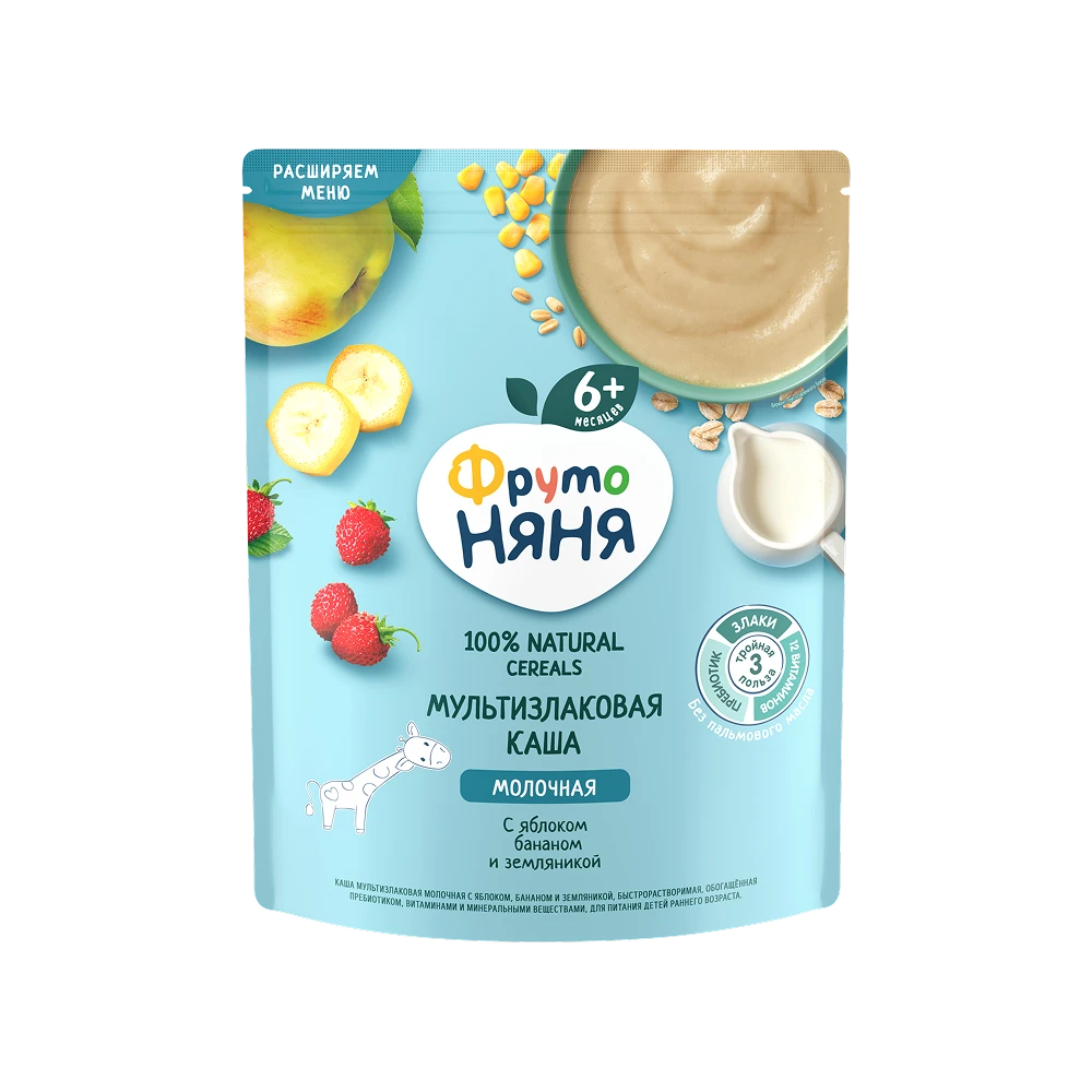 "FrutoNyanya" olma, banan va yertuti qo’shilgan quruq, sutli ko'p boshoqli bo’tqa